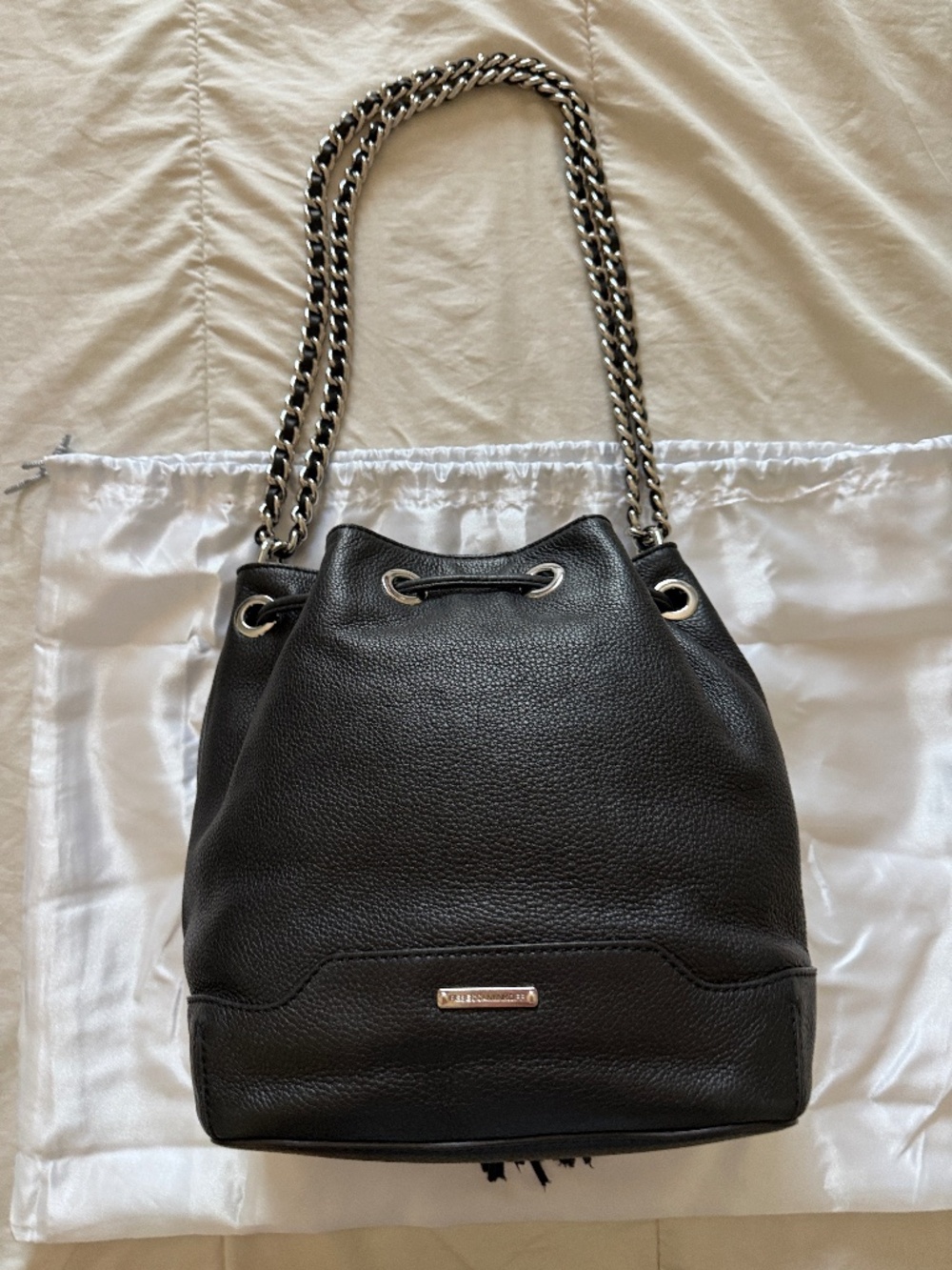 Rebecca Minkoff Black Leather Tassel Drawstring Shoulder Bag with Chain-Strap